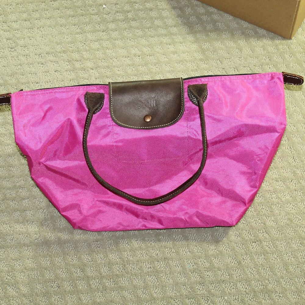 Sofft Nylon Fuchsia Double Handed Medium Size Brown Leather Collapsible Tote Bag